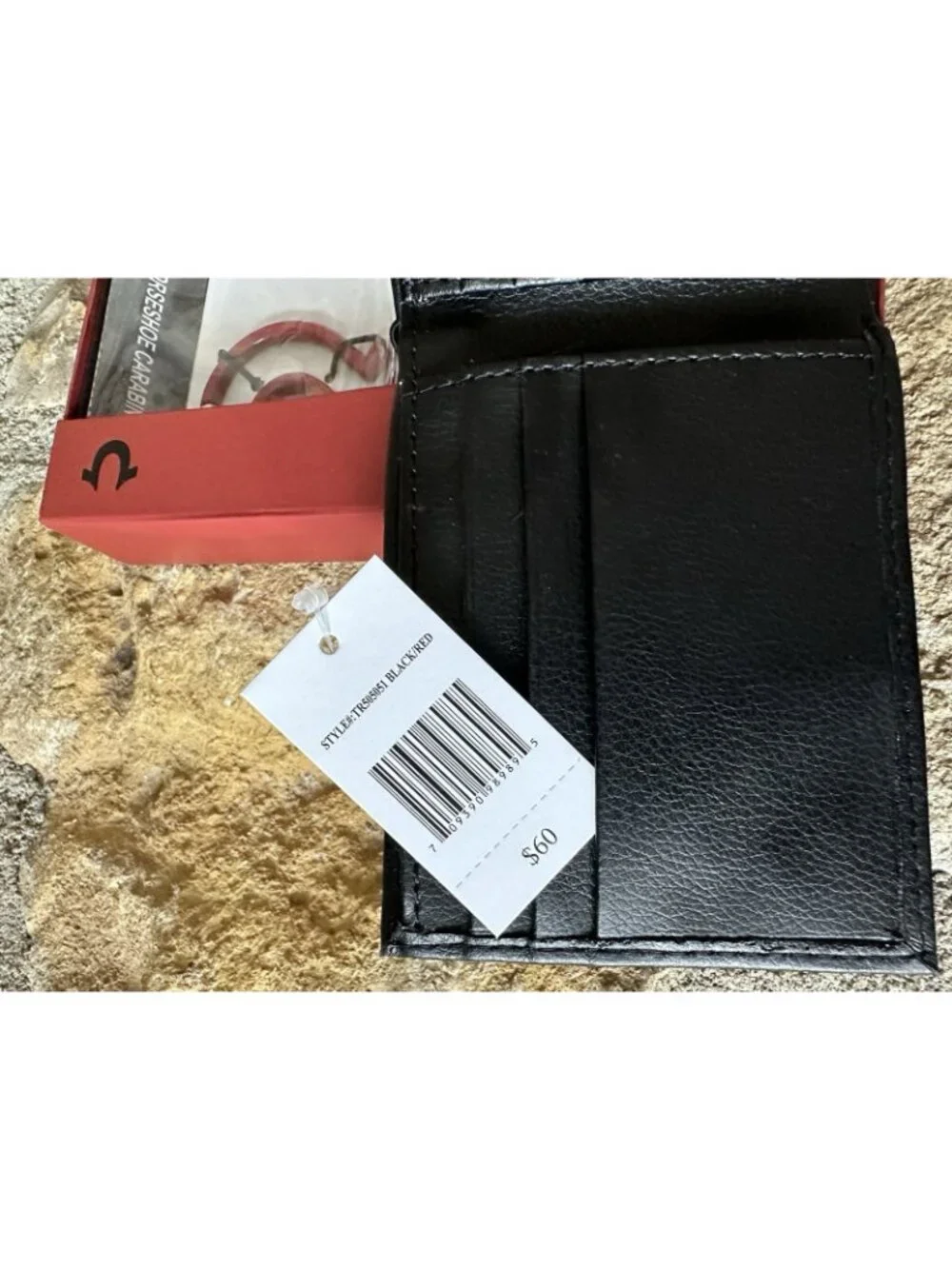 True Religion Mens Bifold Wallet Black Red Leather Horseshoe Carabiner Keychain